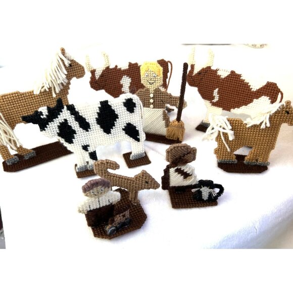 Barnyard Needlepoint Canvas Completed Set Cow Horse People Play Set Stand up - Picture 1 of 12